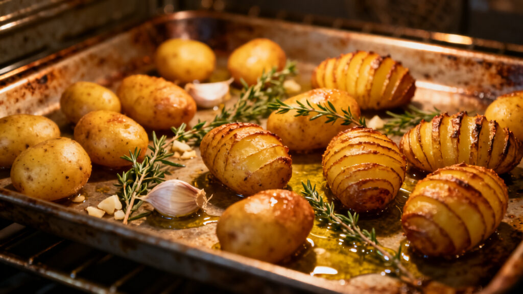 Pommes de terre rôties croustillantes, grenailles et hasselback