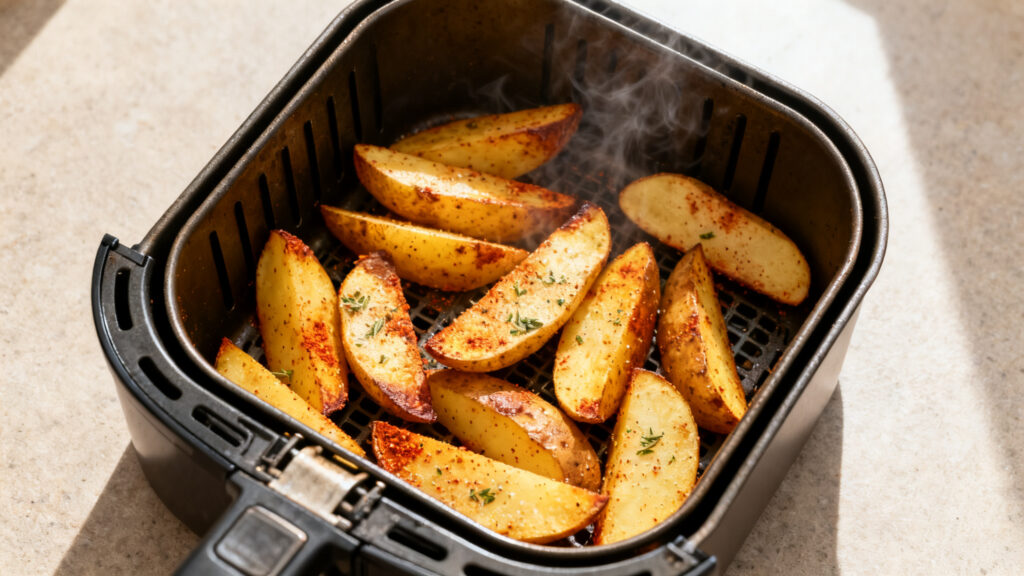 Potatoes épicées dorées, sortie d’un air fryer