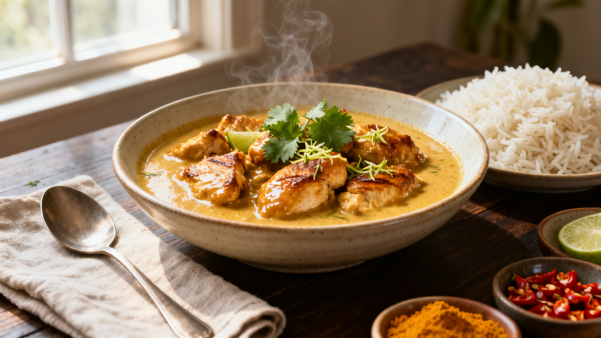 Poulet au curry et lait de coco avec riz basmati