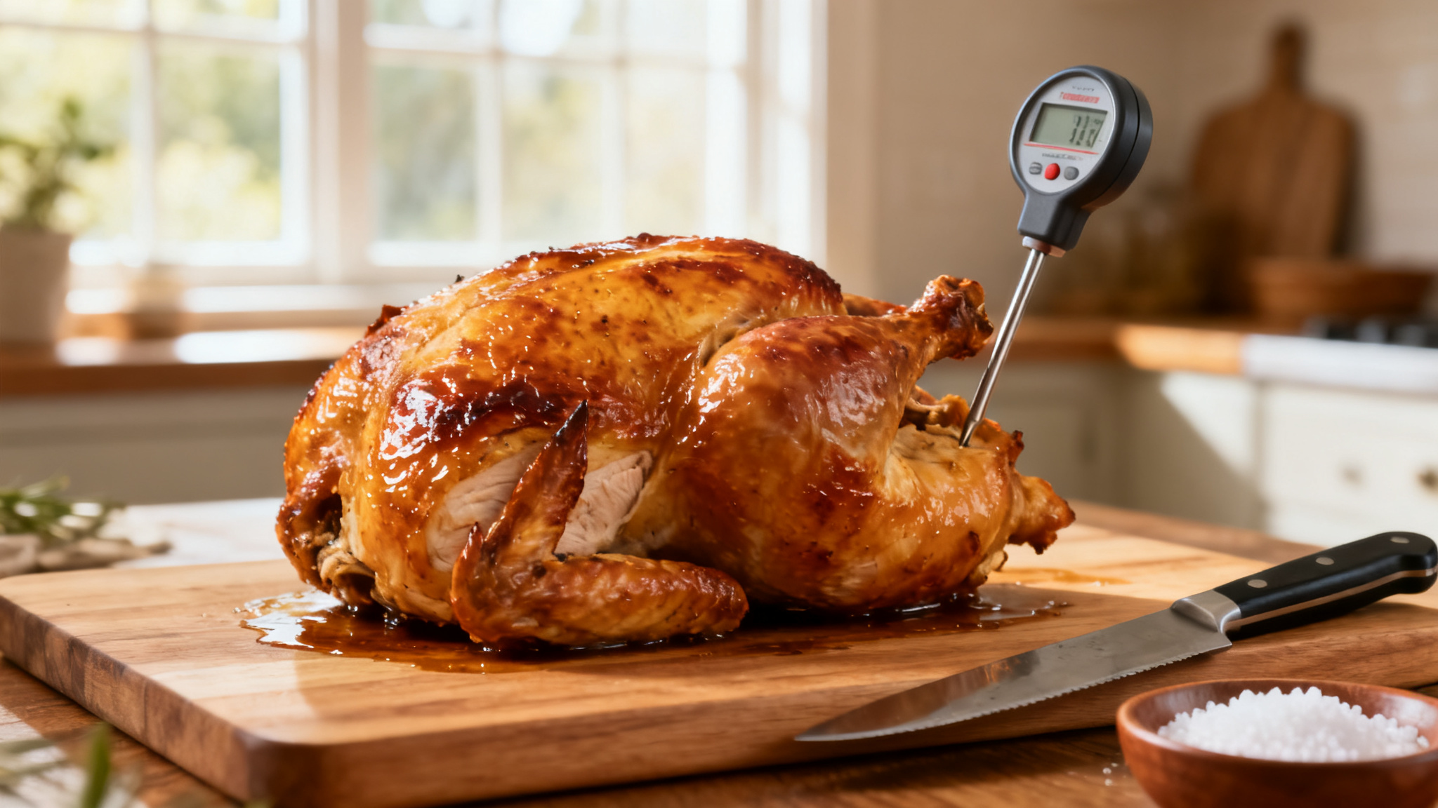 Poulet rôti sur planche, sonde à 75°C pour le temps de cuisson du poulet rôti