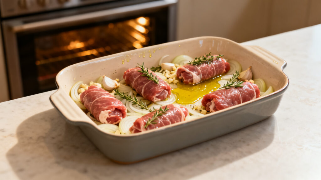 Paupiettes de veau sur oignons et thym, four à 180 °C