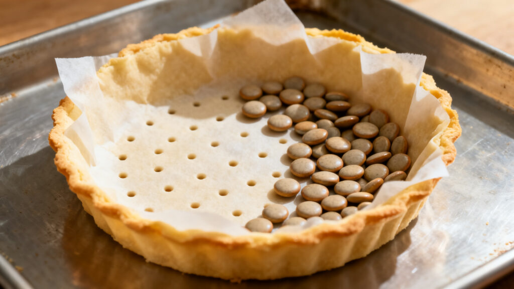 Précuire pâte sablée avec billes de cuisson, fond sec