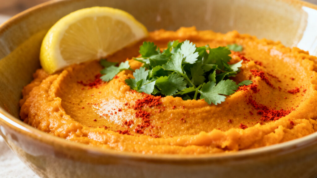 Purée de patate douce épicée, texture lisse et satinée
