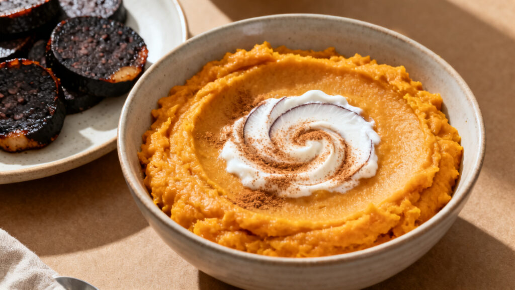 Purée de patate douce onctueuse et boudin noir