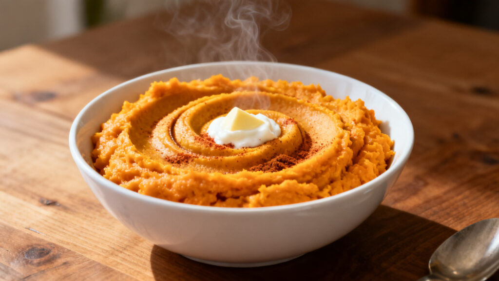 Purée de patate douce crémeuse, vapeur visible