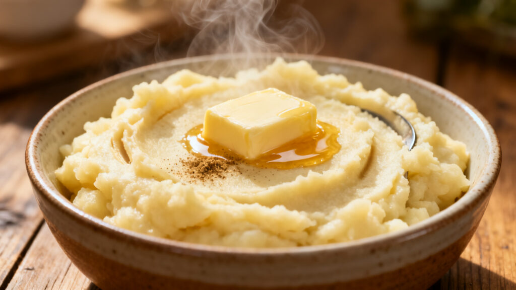 Purée maison onctueuse, beurre fondu et muscade