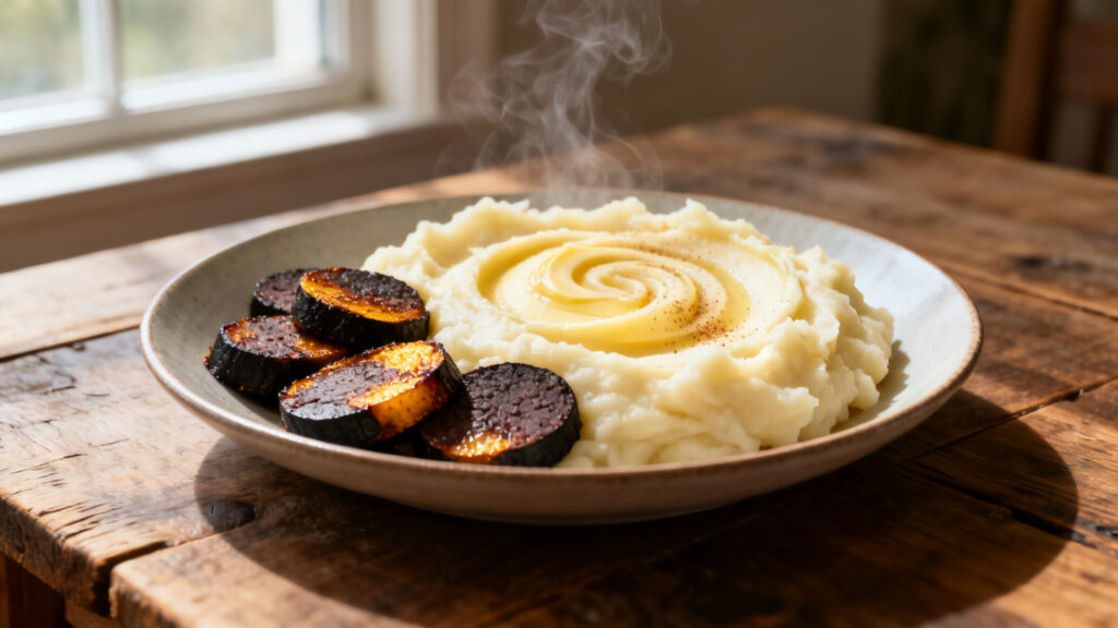 Purée crémeuse et boudin noir poêlé doré