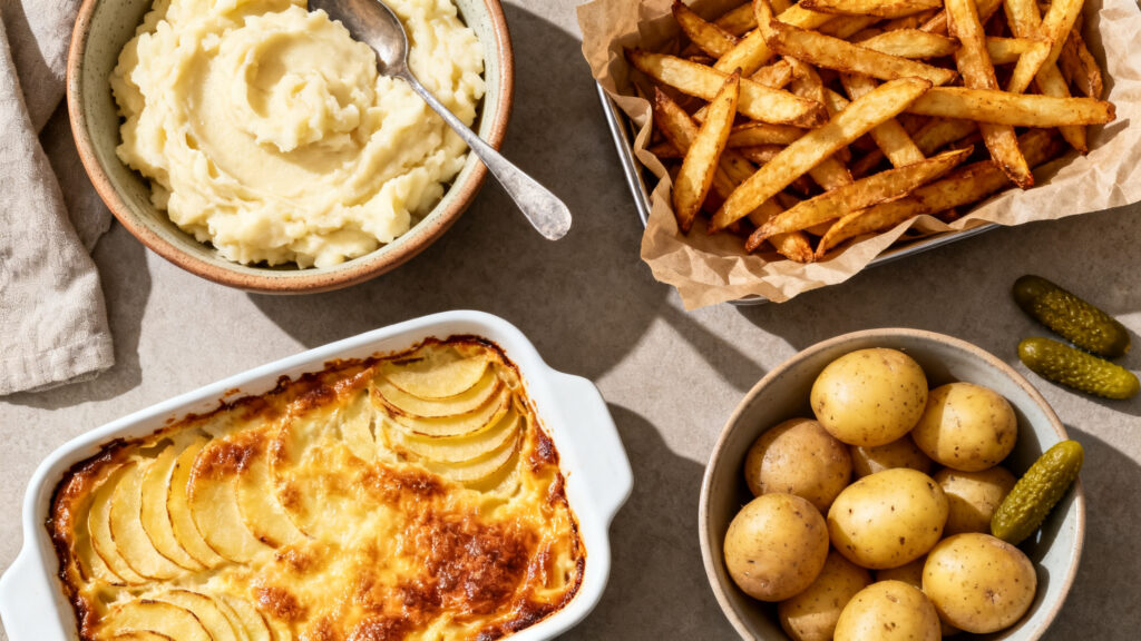Purée, frites, gratin et pommes vapeur, repères par plat