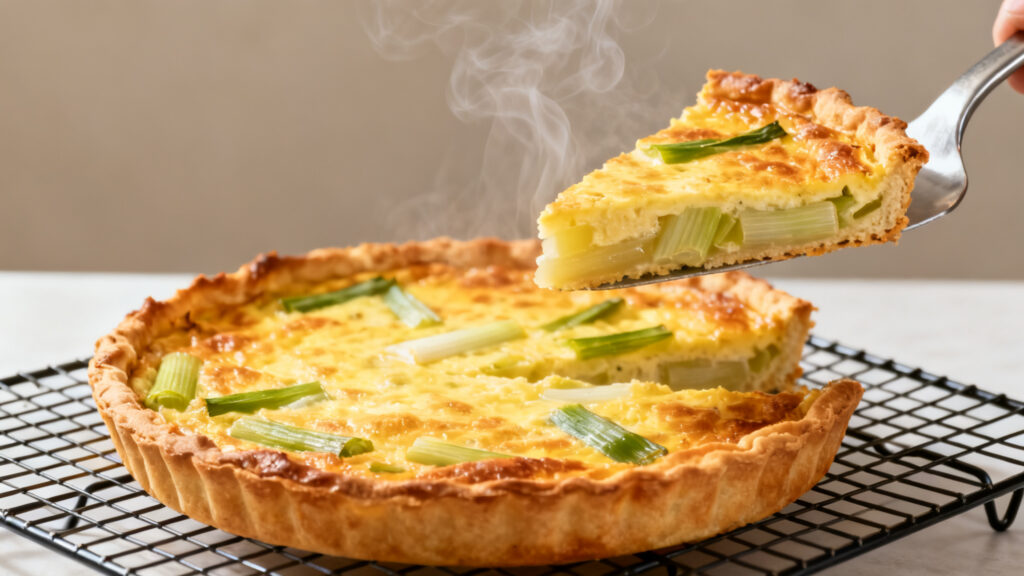Quiche poireaux dorée, repos sur grille, pâte croustillante