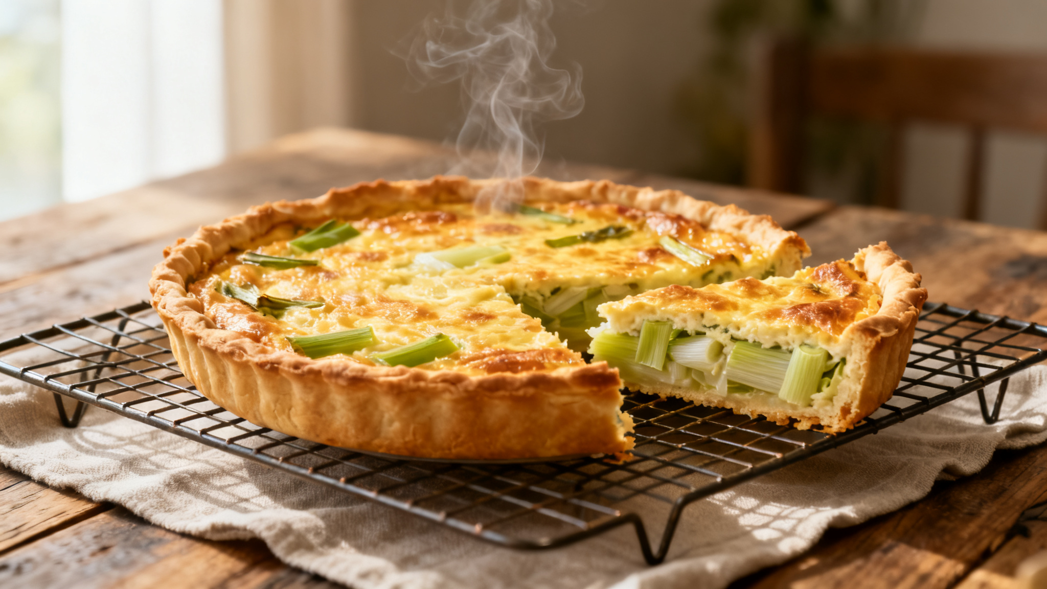 Quiche aux poireaux dorée sur grille, part découpée
