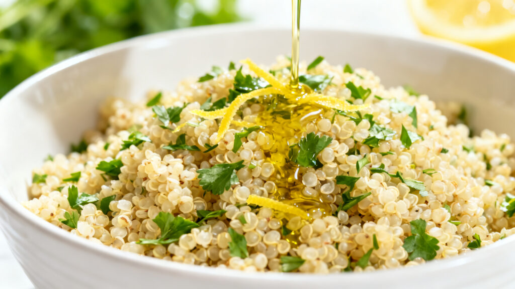 Quinoa aux herbes, léger et aéré, zeste de citron