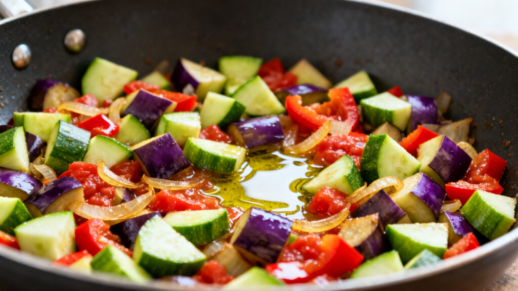 Ratatouille express en dés fins, couleurs vives