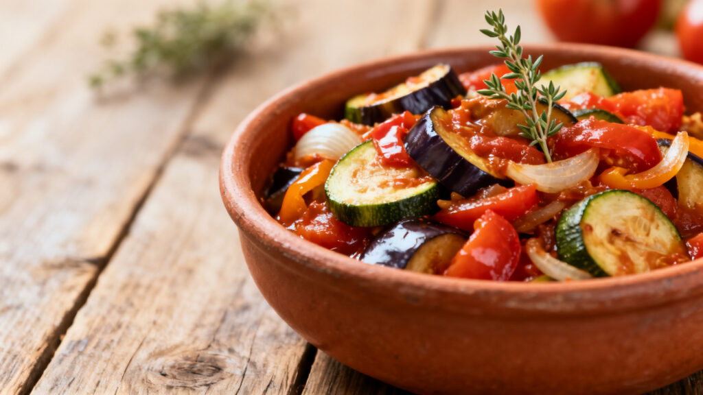 Ratatouille maison fondante aux légumes mijotés et thym