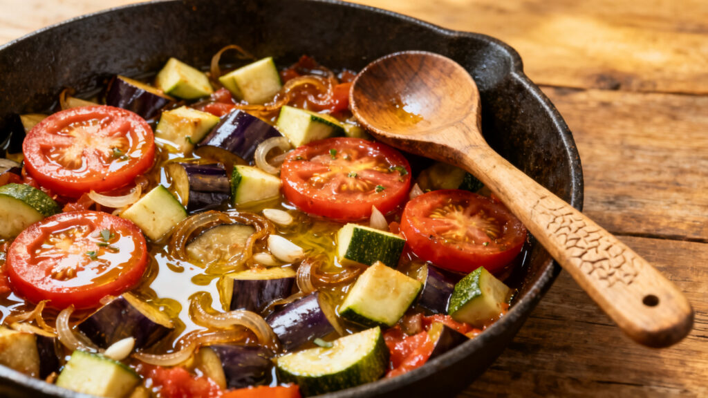 Ratatouille provençale fondante, légumes confits et brillants