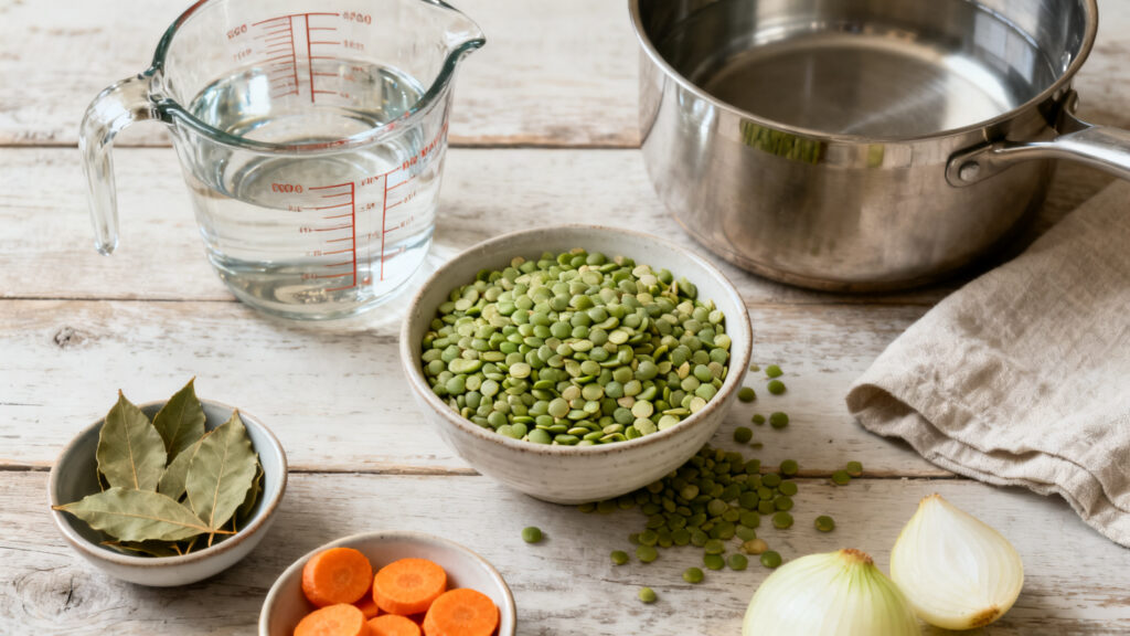 Ratio eau pois cassés et temps de cuisson en vue