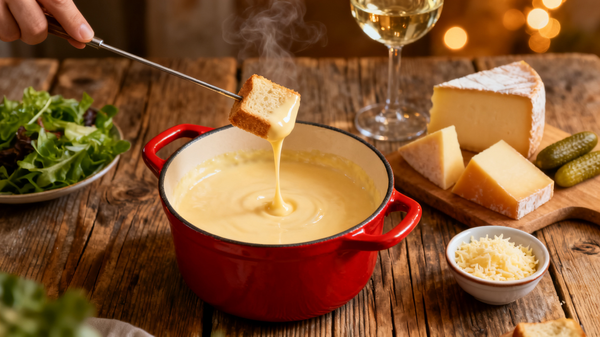 Recette de fondue savoyarde servie au caquelon, pain et vin