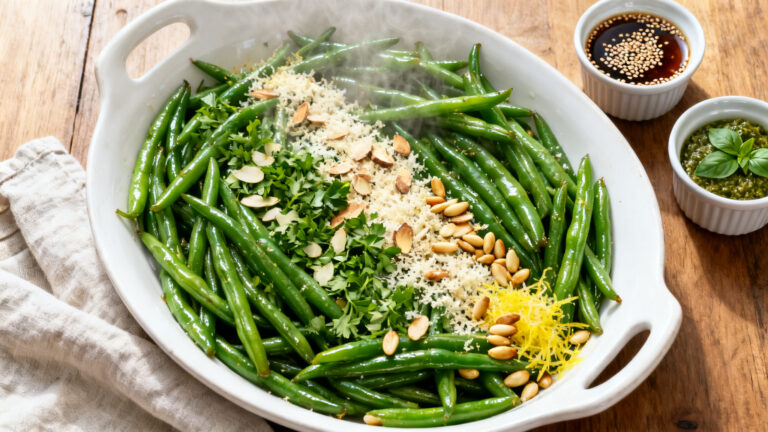 Assiette de recette de haricots verts avec trois finitions