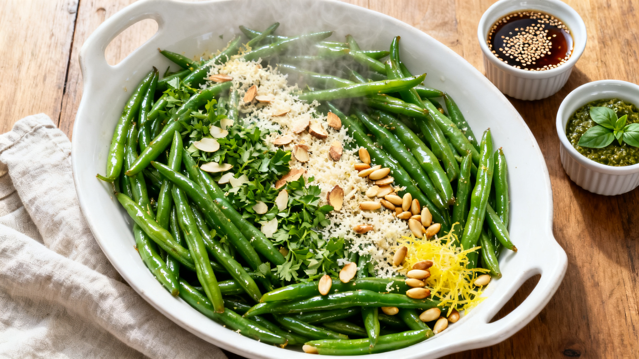 Assiette de recette de haricots verts avec trois finitions