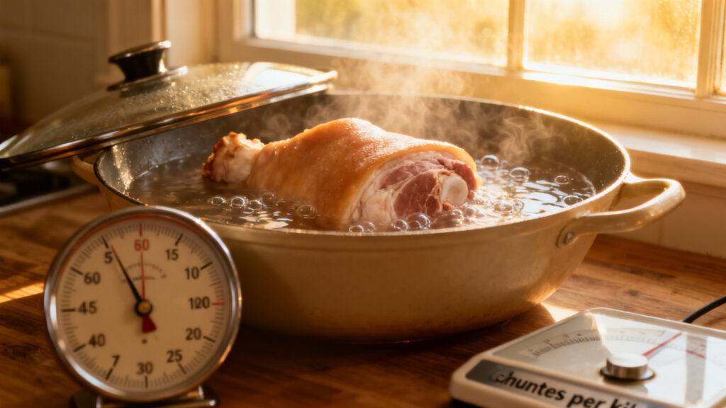 Jarret de porc qui mijote, minutes par kilo en repère