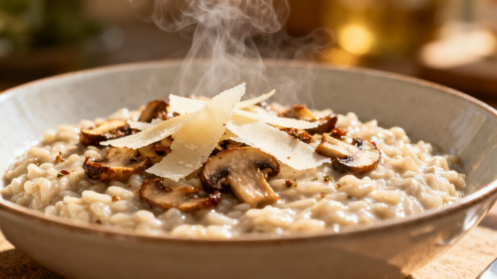 Risotto aux champignons, texture crémeuse qui ondule