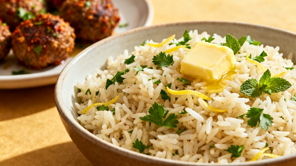 Riz pilaf aux herbes, grains aérés et parfumés