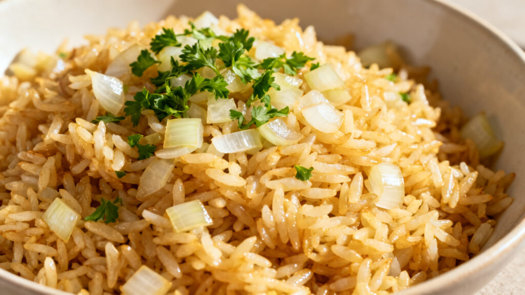 Riz pilaf aux échalotes, grains détachés et brillants