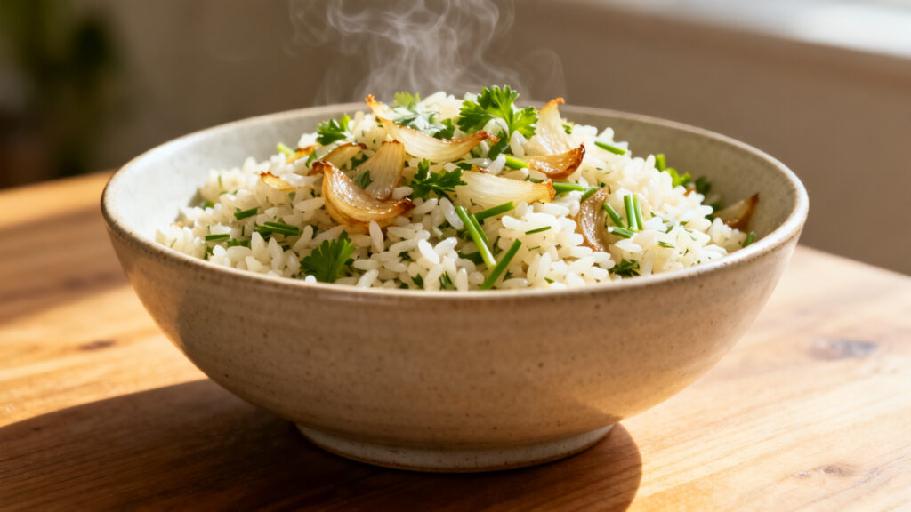 Bol de riz pilaf aux herbes, grain à grain