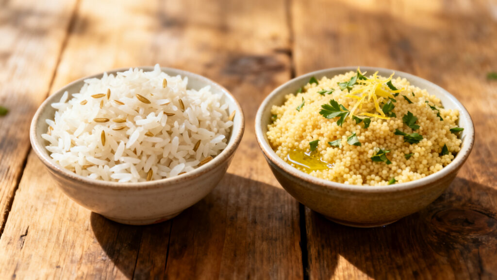 Riz pilaf aux grains séparés et semoule aux herbes