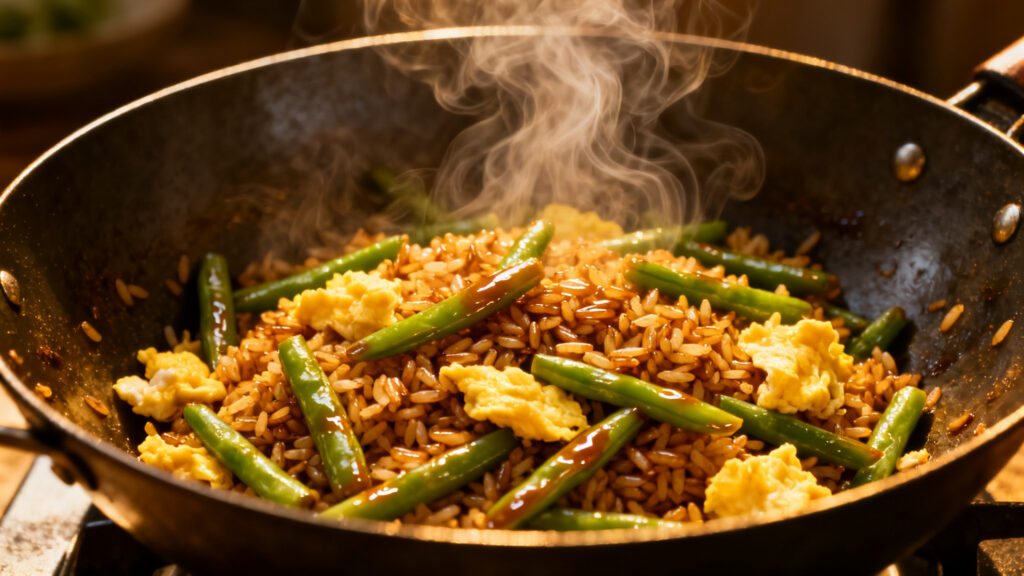 Riz sauté aux œufs et haricots verts, sauce soja