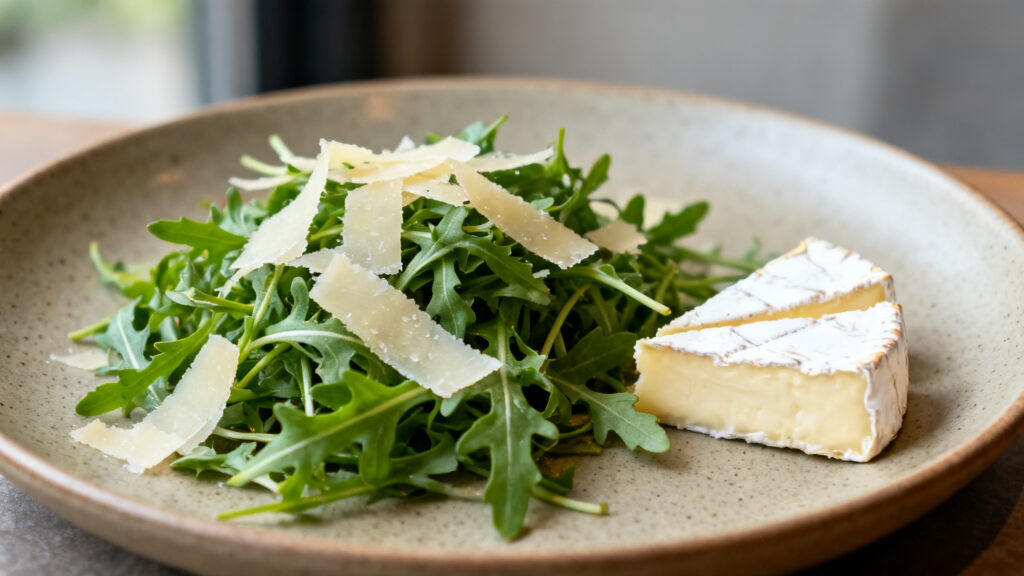 Salade à la roquette et copeaux de parmesan, fromages doux