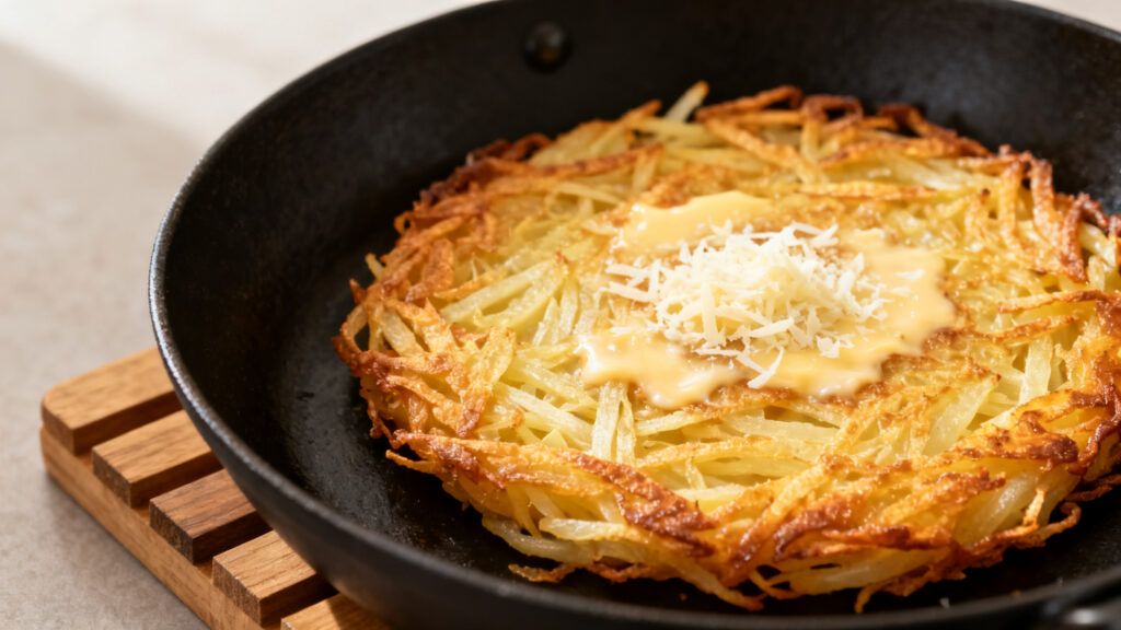 Rösti doré à la poêle, bord croustillant, cœur fondant