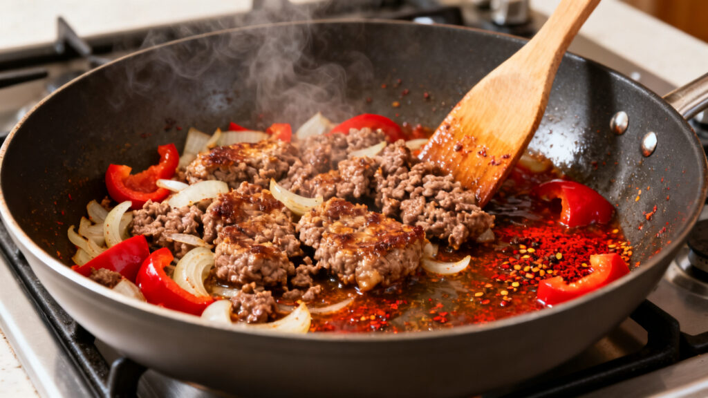 Saisie du bœuf et épices pour chili con carne