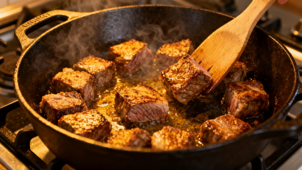 Saisie des cubes d’agneau avec réaction de Maillard