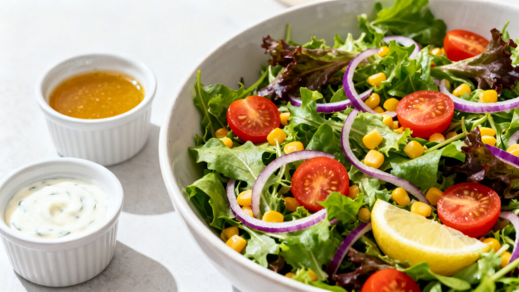 Salade composée croquante, vinaigrette miel-moutarde et yaourt-citron