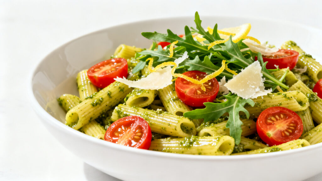 Salade de pâtes pesto tomate roquette, assaisonnement généreux