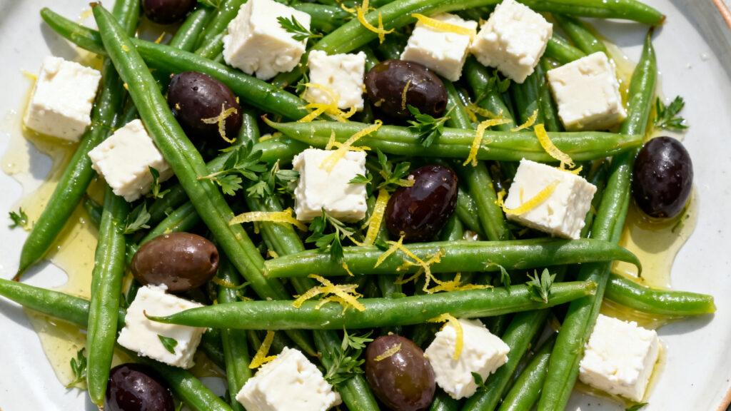 Salade de haricots verts à la feta et olives, citronnée