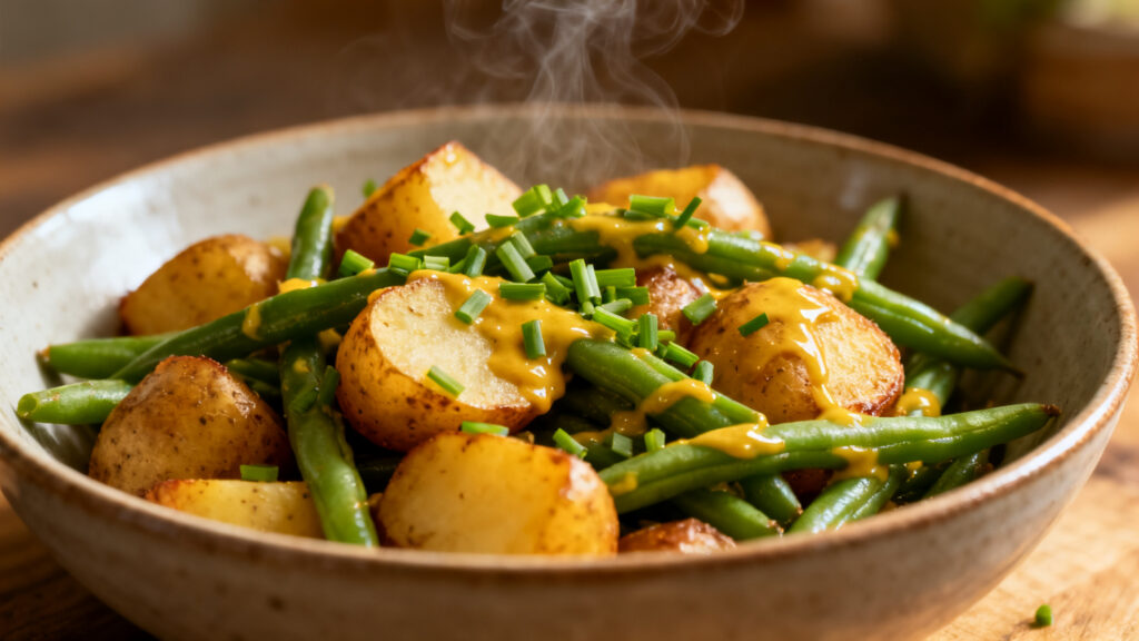 Salade tiède haricots verts, pommes de terre et moutarde