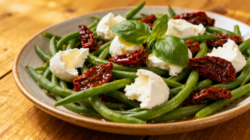 Salade de haricots verts, tomates confites et mozzarella