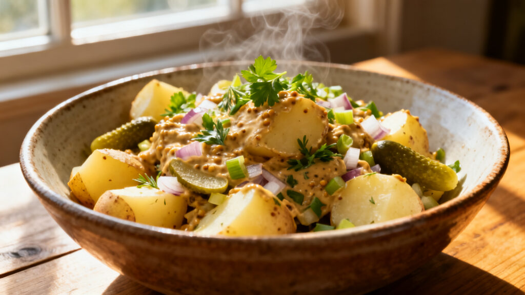 Salade de pommes de terre tiède, moutarde à l’ancienne et cornichons