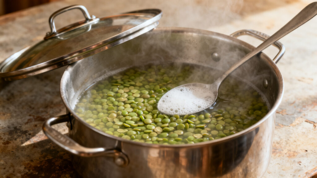 Pois cassés sans trempage, écume retirée en cuisson