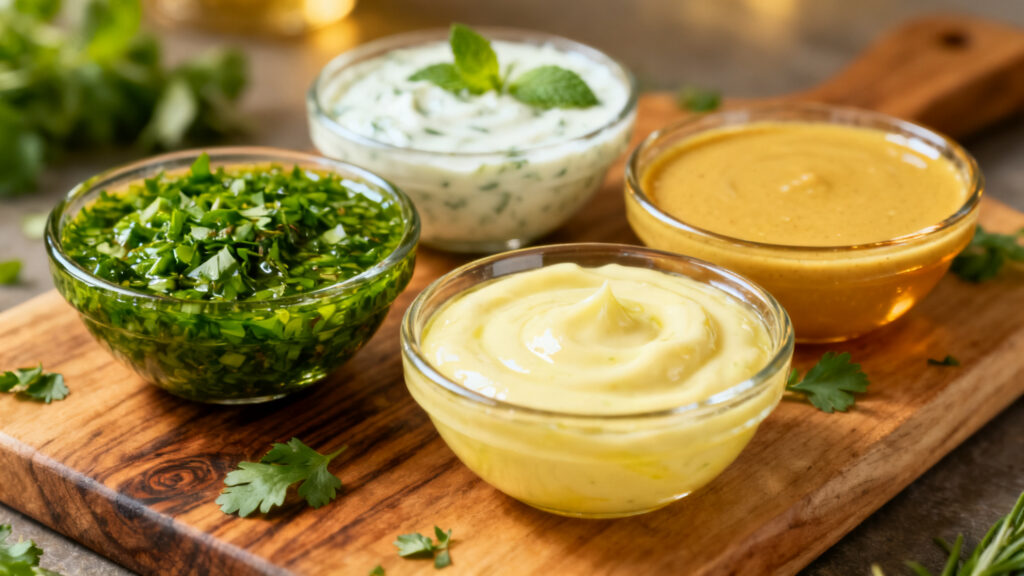 Quatre sauces express&nbsp;: chimichurri, yaourt-menthe, aïoli, moutarde au miel