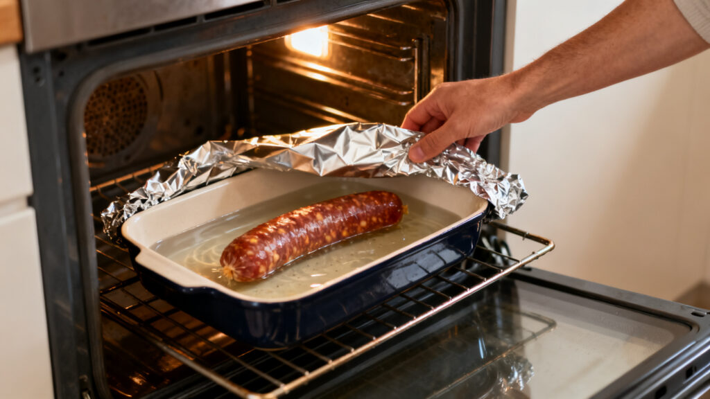 Saucisson à cuire au four dans un plat avec eau