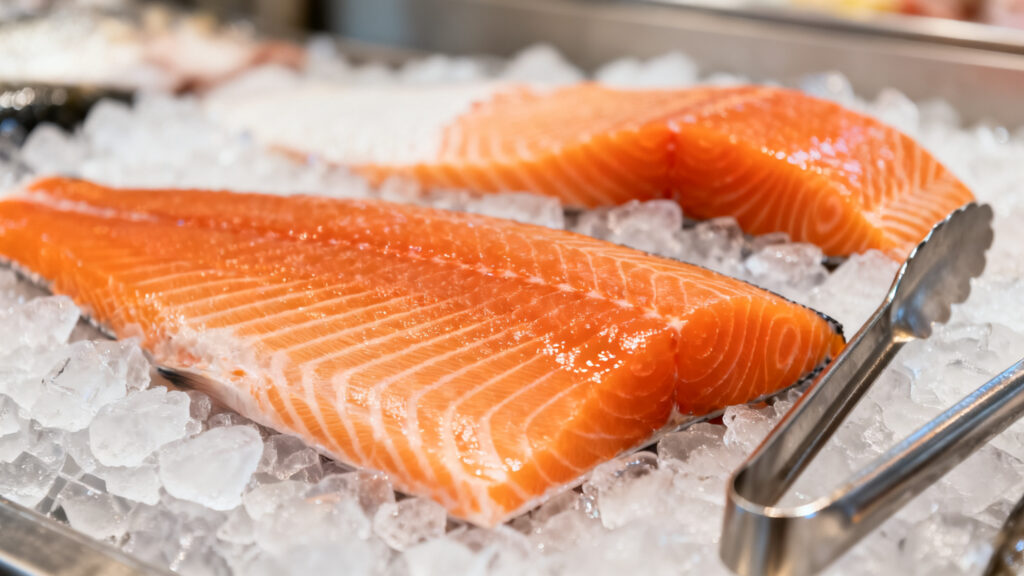 Filet de saumon frais brillant sur glace au poissonnier