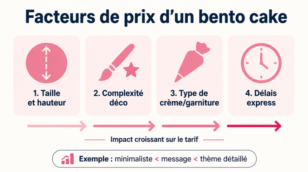 Schéma des facteurs de prix : taille, déco, crème et délais express