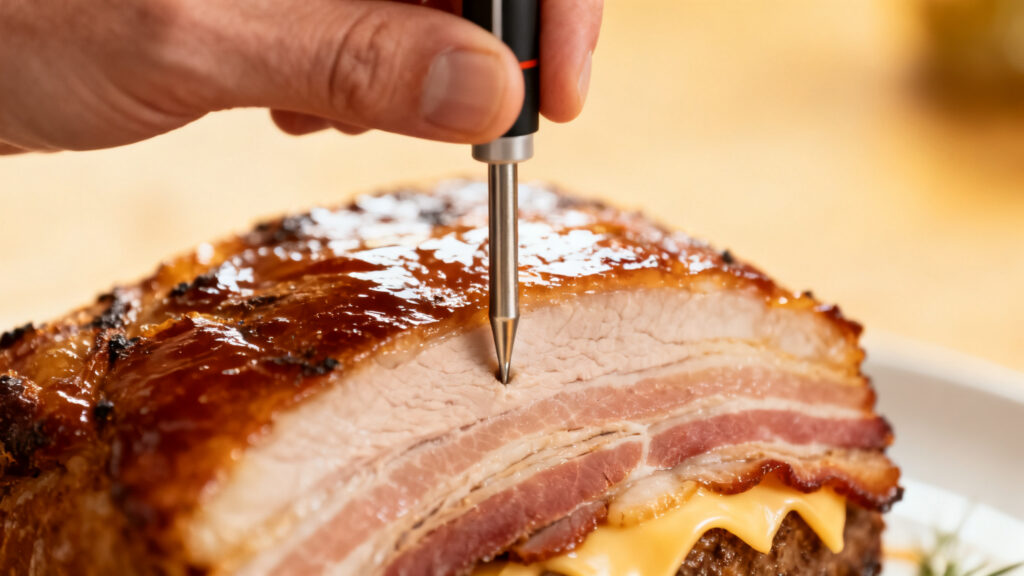 Sonde de cuisson porc placée au centre, loin du fromage