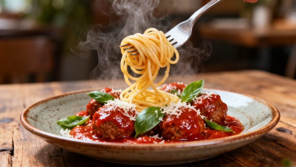 Spaghetti al dente et boulettes sauce tomate, parmesan