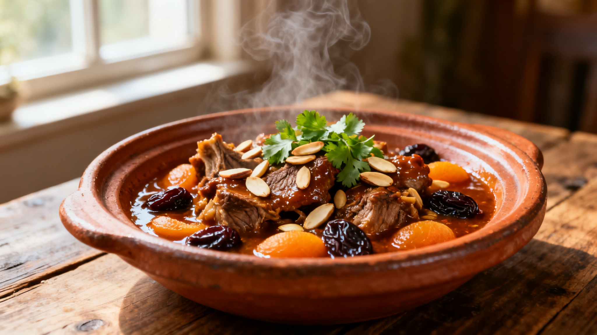 Tajine d’agneau servi dans un plat en terre