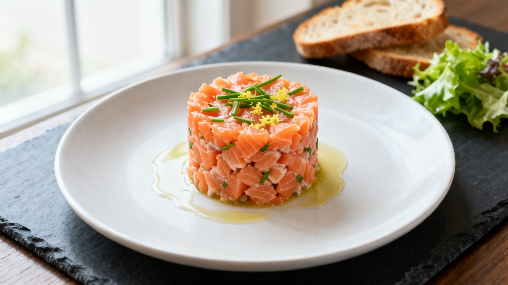 Tartare de saumon dressé à l’emporte-pièce avec ciboulette