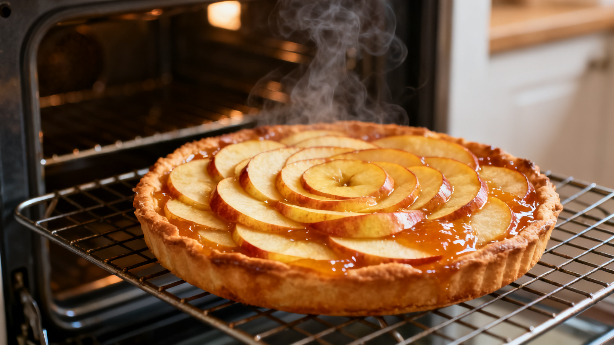Fin de cuisson de la tarte aux pommes, dorée et brillante