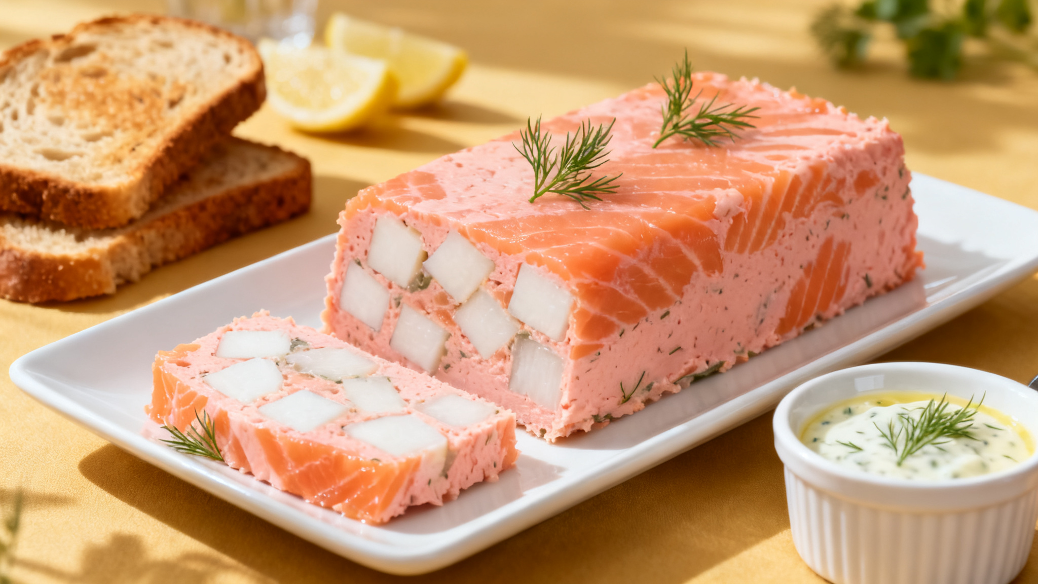 Terrine de poisson saumon-cabillaud, tranches nettes et marbrées